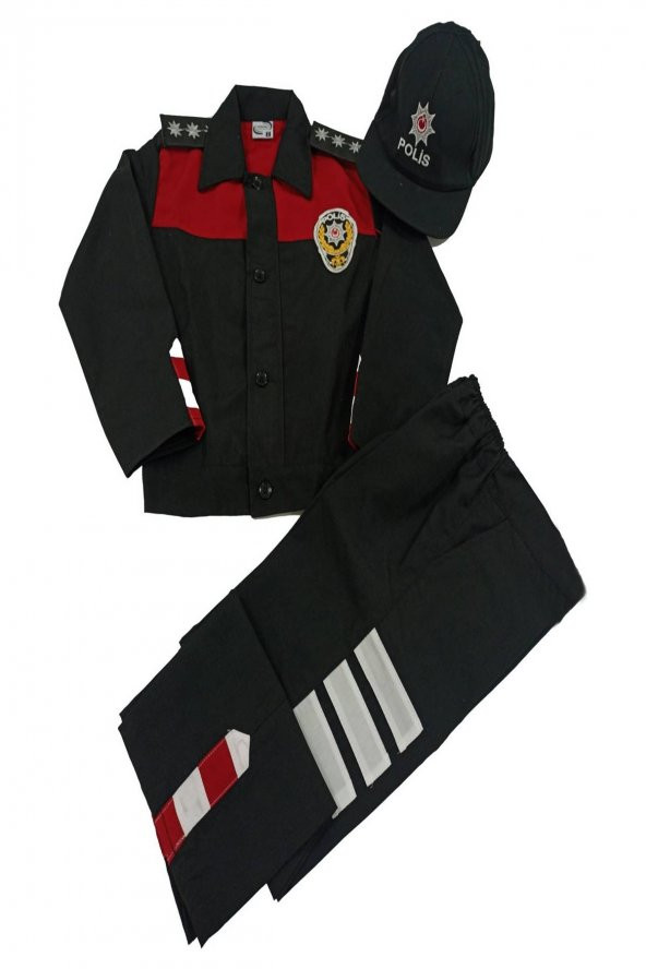 SİYAH KIRMIZI Çocuk Yunus Polis Kıyafeti Şapkalı