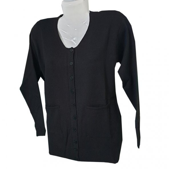 Siyah Renk Uzun Kollu Yuvarlak Yaka Kadın Triko Hırka - 2