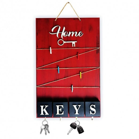 Home Keys Ahşap Dekoratif Anahtarlık Askılı Mandallı Pano Notluk Kırmızı