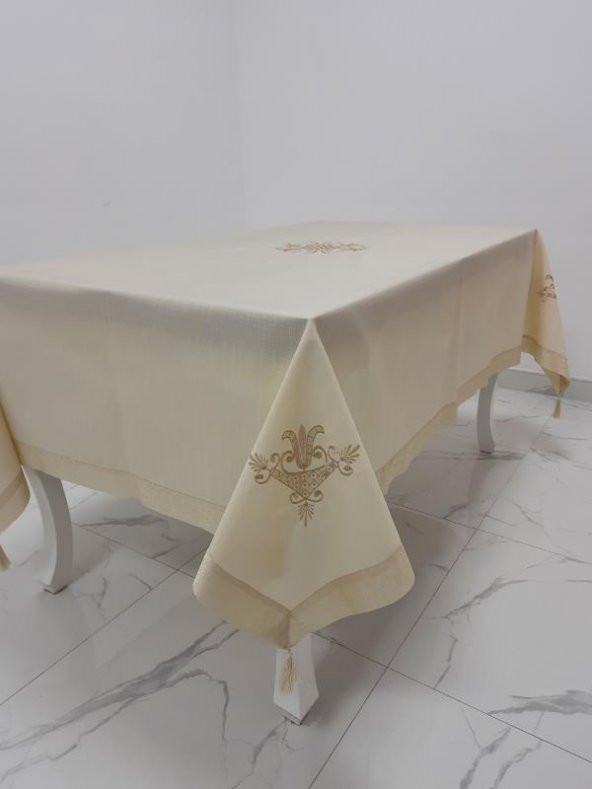 Finezza İrem Bej Nakışlı Keten Kumaş Bej Masa Örtüsü 160x220 Cm - 994 - 3