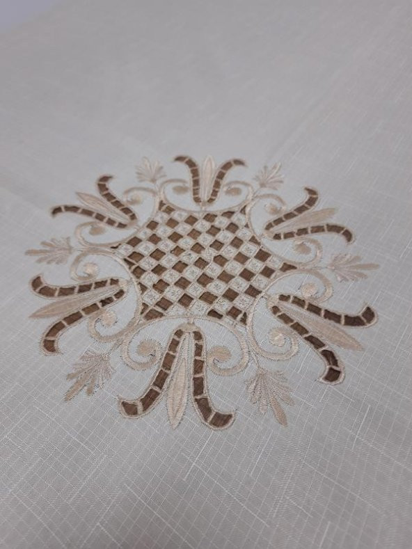 Finezza İrem Bej Nakışlı Keten Kumaş Bej Masa Örtüsü 160x220 Cm - 994 - 4