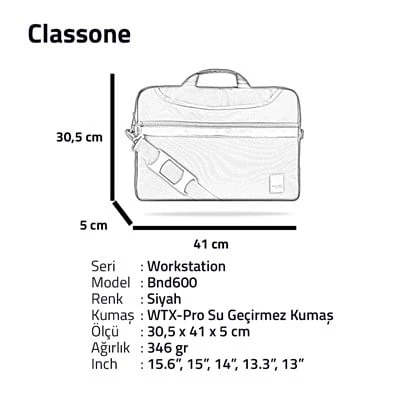 Classone BND600 WorkStation 15.6 inch Su geçirmez Kumaş, Notebook Laptop Çantası -Siyah - 8