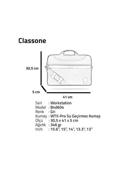 Classone BND604 WorkStation 15.6 inch Su geçirmez Kumaş, Notebook Laptop Çantası -Gri - 8