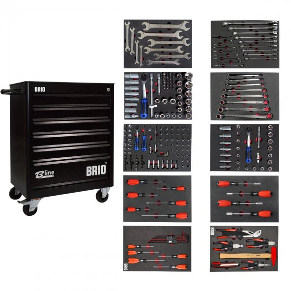 Brio Hareketli Tekerlekli Takım Dolabı Takım Arabası 6 Çekmeceli Kilitli 259 Parça Siyah Dolu