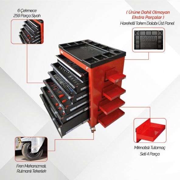 Brio Hareketli Tekerlekli Takım Dolabı Takım Arabası 6 Çekmeceli Kilitli 259 Parça Siyah Dolu - 4