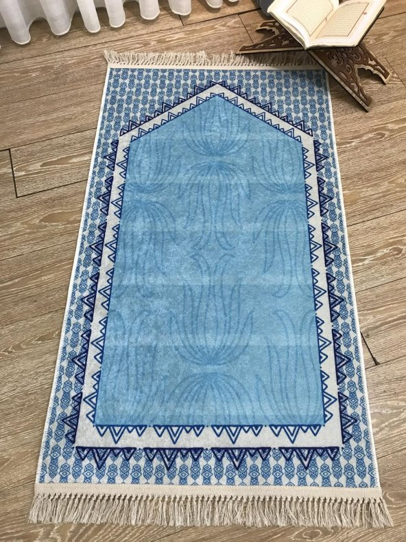 Açık Mavi Saçaklı Seccade (Lateks Taban) 75x125