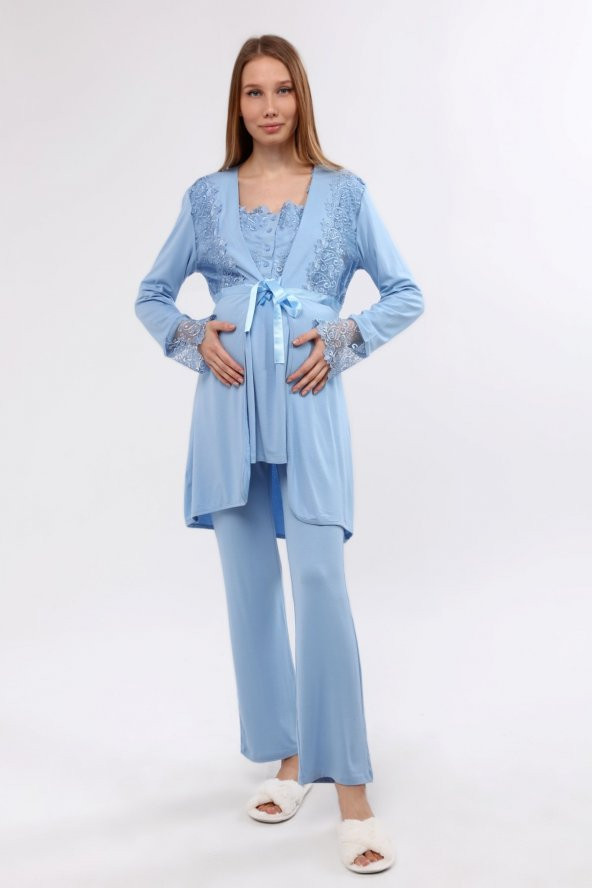 Luvmabelly MYRA9641 Sabahlıklı Dantelli Hamile Pijama Takımı -Mavi