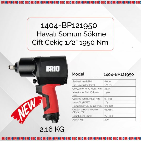 Brio Havalı Somun Sökme 1/2 1950 Nm Çift Çekiç 2,16 Kg - 2