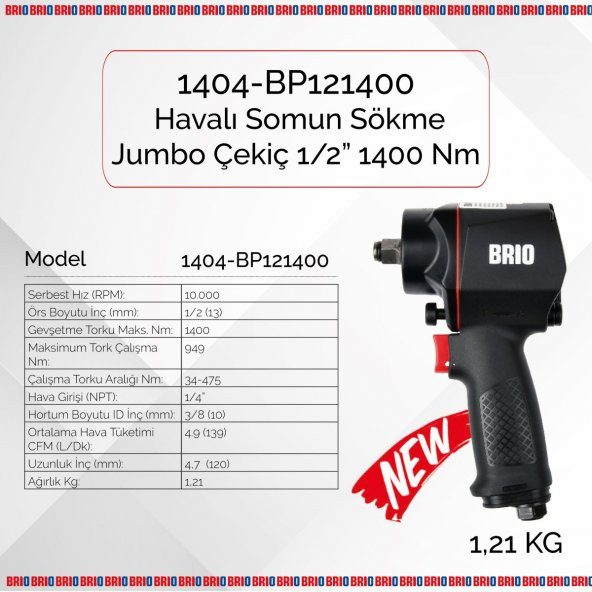 Brio Havalı Somun Sökme 1/2 1400 Nm Jumbo Çekiç 1,21 Kg - 2