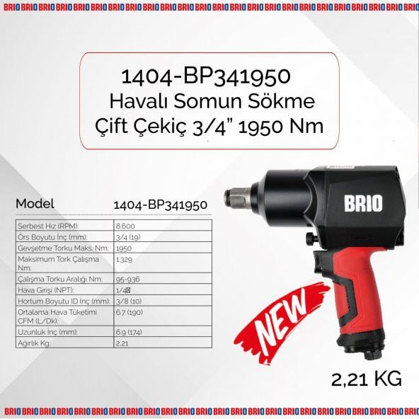 Brio Havalı Somun Sökme 3/4'' 1950 Nm Çift Çekiç 2,21 Kg - 2