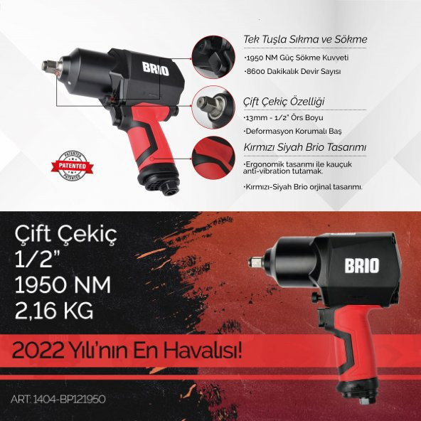 Brio Havalı Somun Sökme 1/2 1950 Nm Çift Çekiç 2,16 Kg - 3