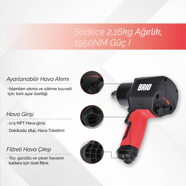 Brio Havalı Somun Sökme 1/2 1950 Nm Çift Çekiç 2,16 Kg - 4