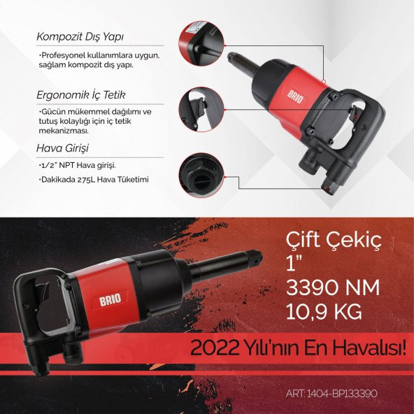Brio Havalı Somun Sökme 1'' 3390 Nm Çift Çekiç 10,9 Kg - 3