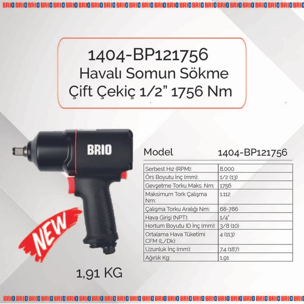 Brio Havalı Somun Sökme 1/2 1756 Nm Çift Çekiç 1,91 Kg - 2