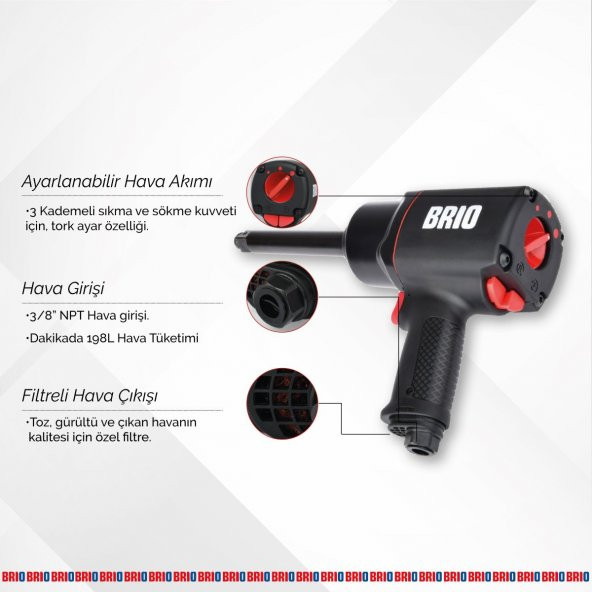 Brio Havalı Somun Sökme 3/4'' Uzun Paso 2034 Nm Çift Çekiç 4,04 Kg - 4