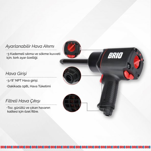 Brio Havalı Somun Sökme 1'' Uzun Paso 2034 Nm Çift Çekiç 4,42 Kg - 4