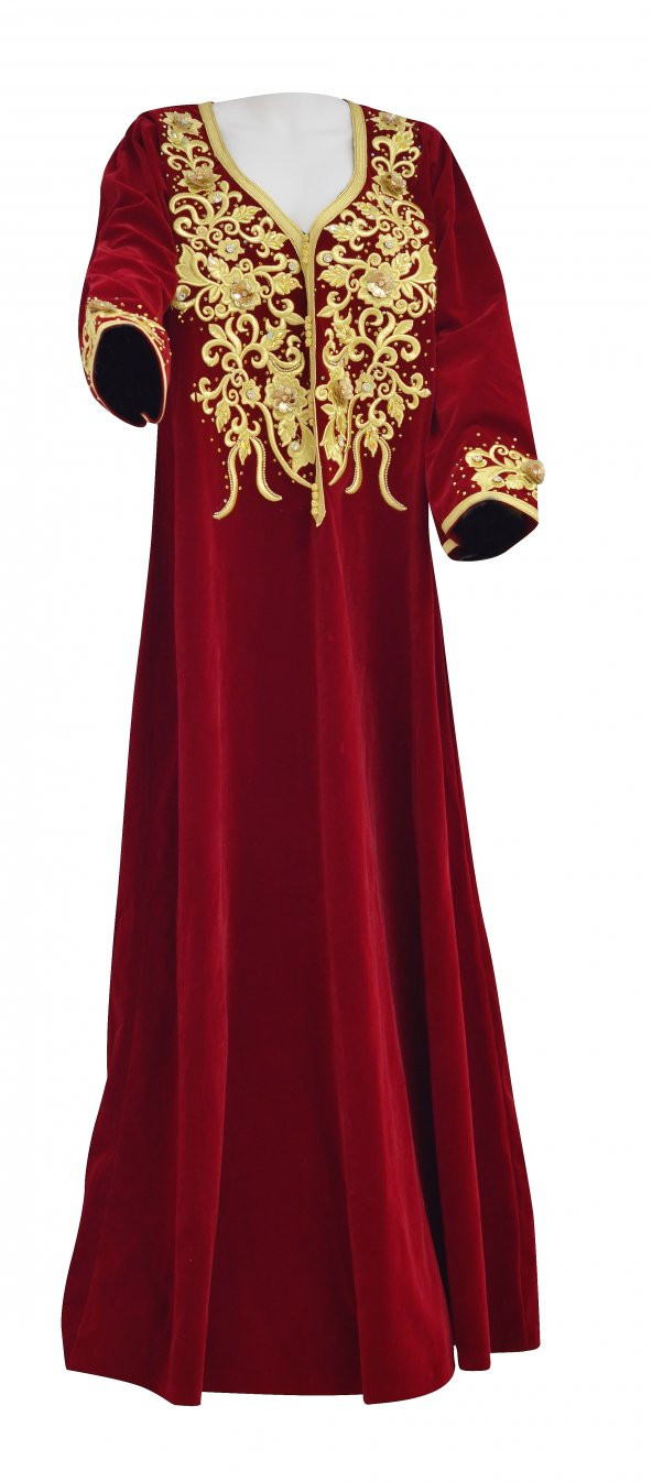 Bindallı İşlemeli Taşlı Kırmızı Kadife Özel Dikim Nişan Kına Elbisesi