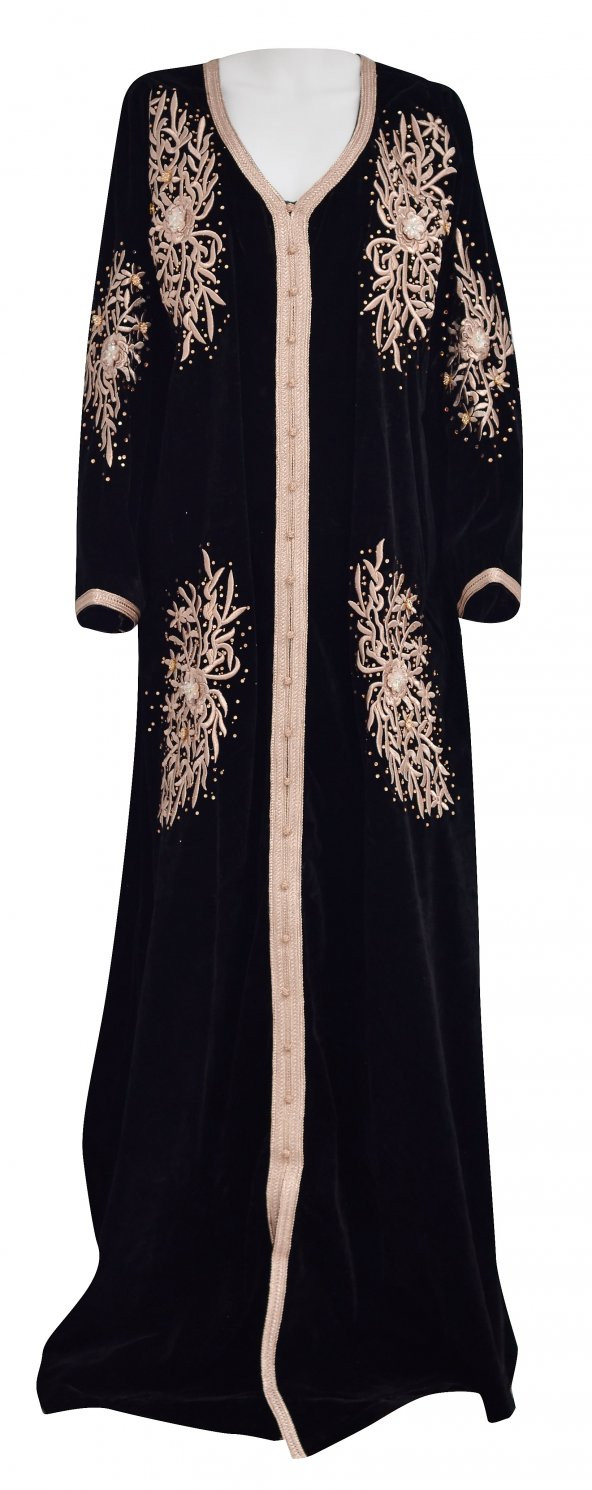 Bindallı İşlemeli Taşlı Siyah Kadife Özel Dikim Nişan Kına Elbisesi