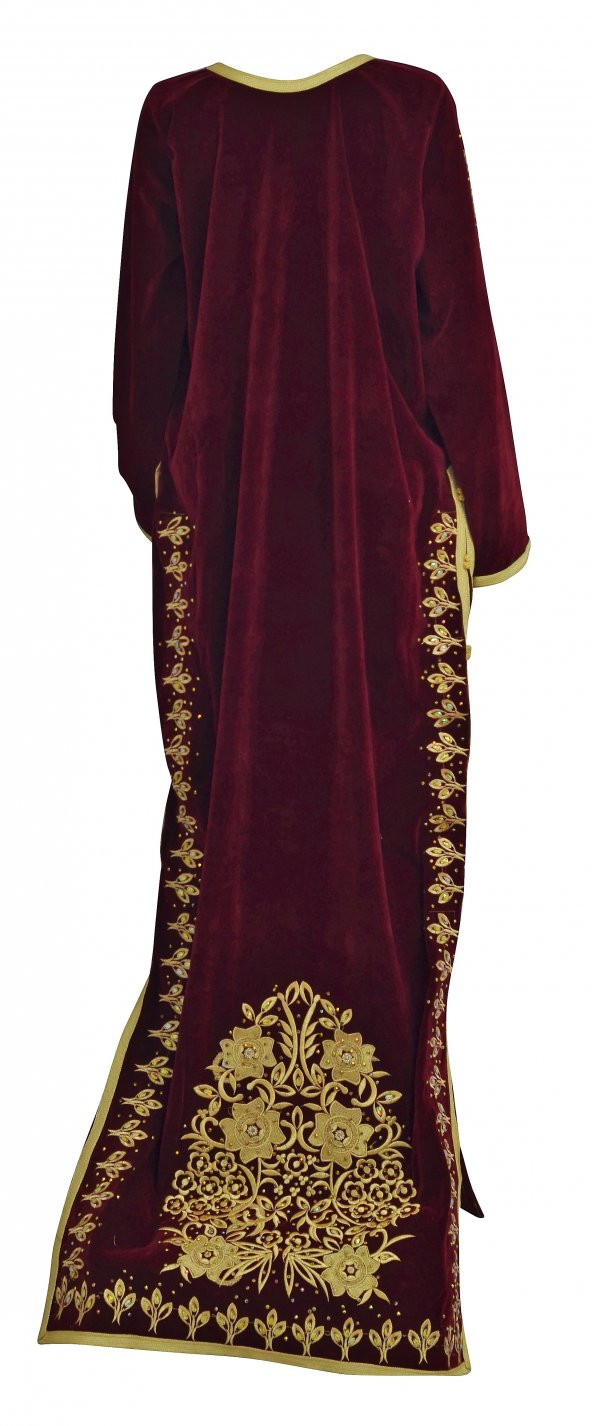 Bindallı İşlemeli Taşlı Kırmızı Kadife Özel Dikim Nişan Kına Elbisesi - 2