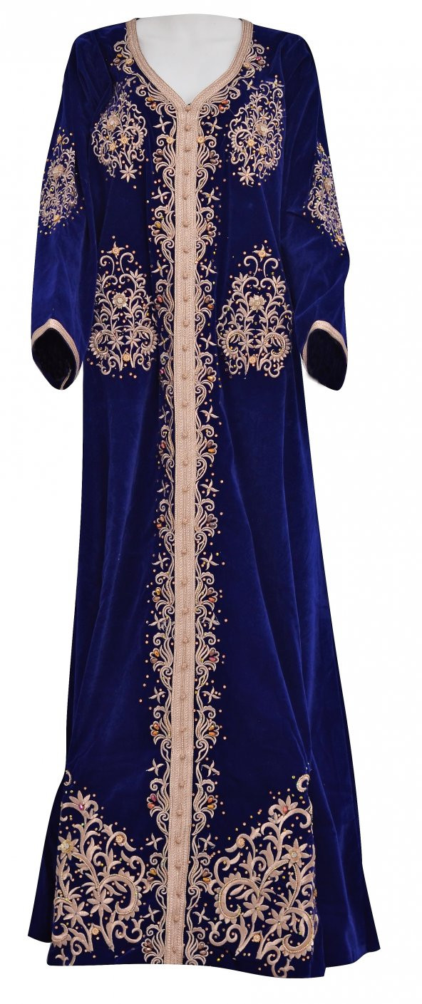 Bindallı İşlemeli Taşlı Lacivert Kadife Özel Dikim Nişan Kına Elbisesi