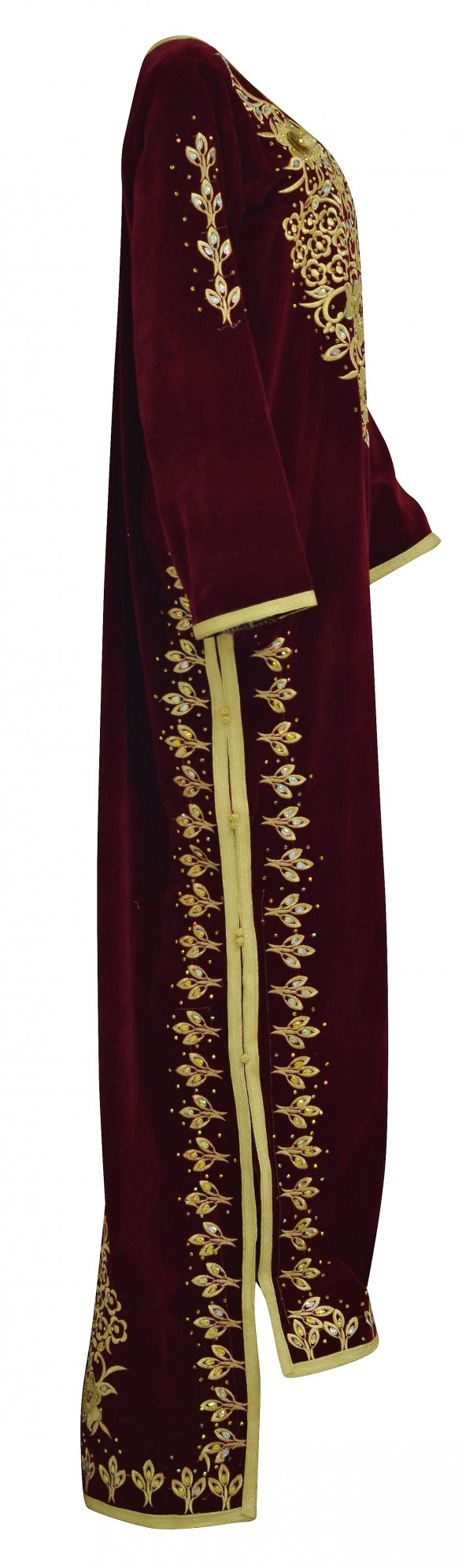 Bindallı İşlemeli Taşlı Kırmızı Kadife Özel Dikim Nişan Kına Elbisesi - 3