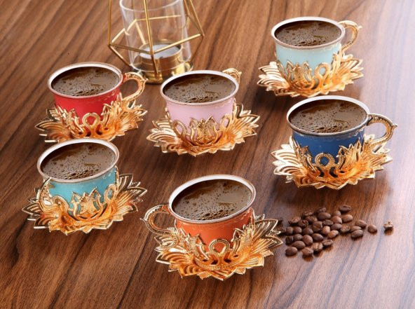 Ahsen Tiryaki Renkli 6 Kişilik Türk Kahve Seti 18 Parça Altın Renkli