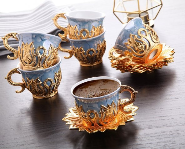 Ahsen Tiryaki Mavi Desenli 6 Kişilik Türk  Kahve Seti 18 Parça Altın Renkli