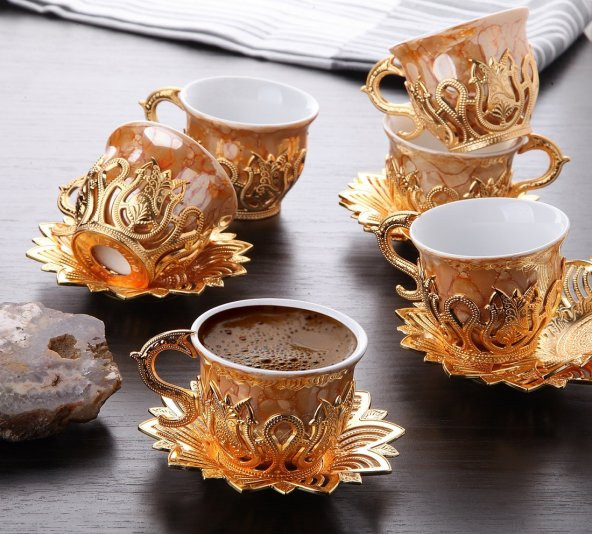 Ahsen Tiryaki Turuncu Desenli 6 Kişilik Türk Kahve Seti 18 Parça Altın Renkli