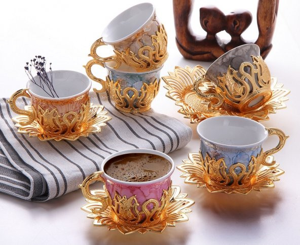 Ahsen Tiryaki Desenli 6 Kişilik Mix Türk Kahve Seti 18 Parça  Altın Renkli