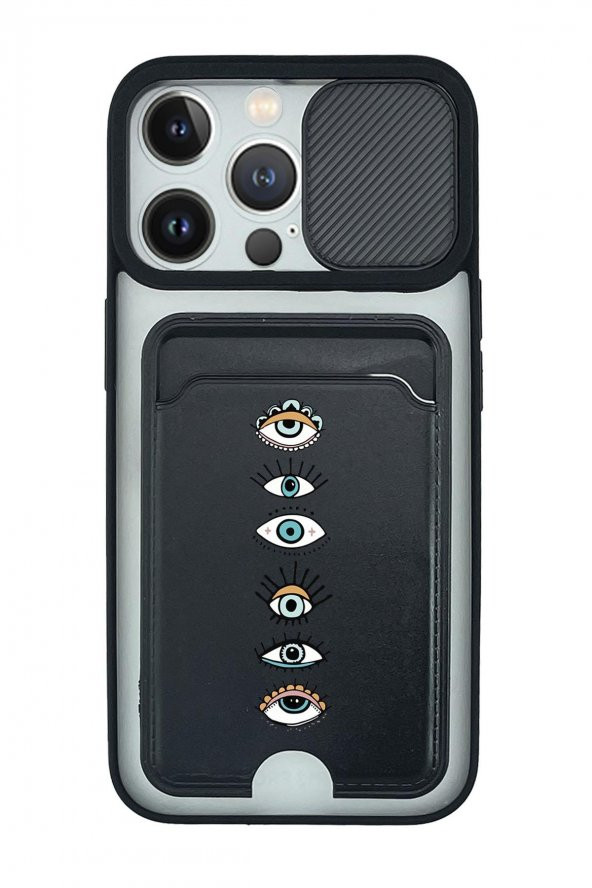 iPhone 13 Pro Uyumlu Renkli Gözler Desenli Kamera Korumalı ve Kartlıklı Telefon Kılıfı