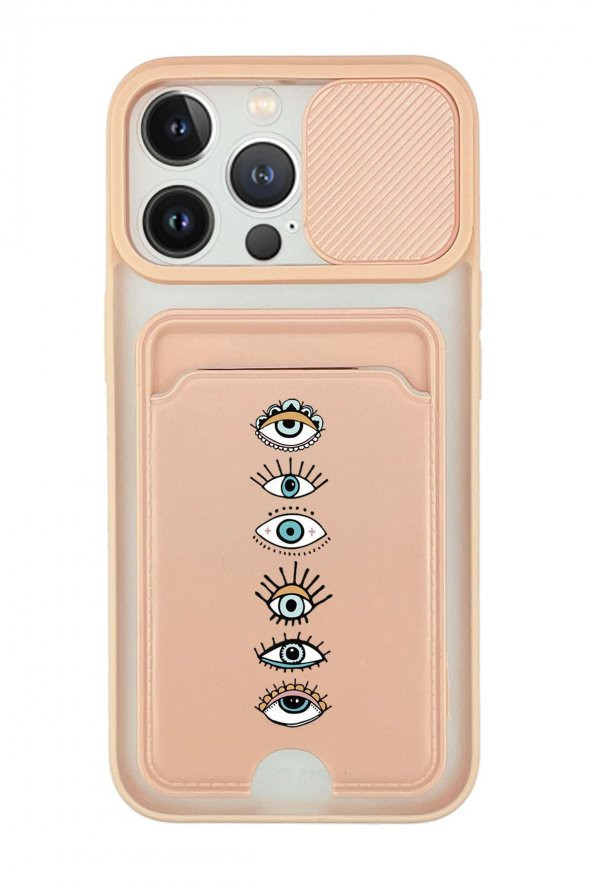 iPhone 13 Pro Uyumlu Renkli Gözler Desenli Kamera Korumalı ve Kartlıklı Telefon Kılıfı - 3