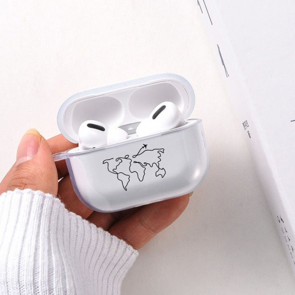 Dünya Harita Rotalı Şeffaf Airpods Pro Kılıfı Silikonlu - 1