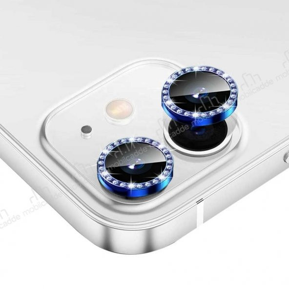 iPhone 12 6.1 inç Mavi Crystal Taşlı Kamera Lensi Koruyucu
