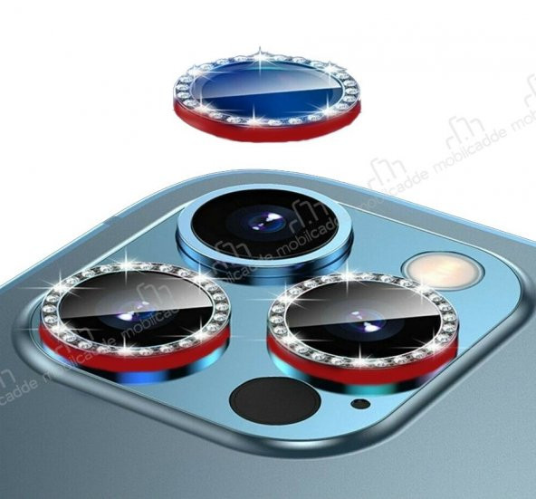 iPhone 12 Pro Max Crystal Taşlı Kırmızı Kamera Lensi Koruyucu
