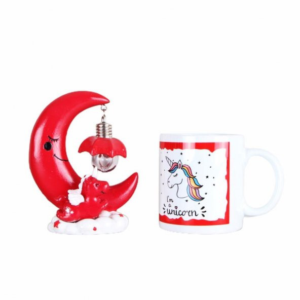 Unicorn Ay Masa Lambası Unicorn Kupa Kırmızı Hediye Seti