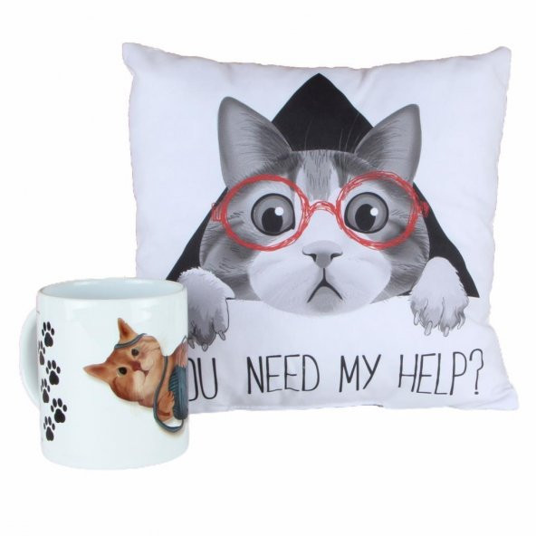 Kedi Puf Yastık Kedi Kupa Hediye Seti