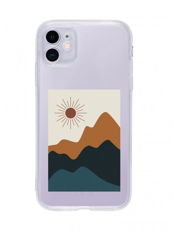 iPhone 11 Mountain & Sun Desenli Premium Şeffaf Silikon Kılıf