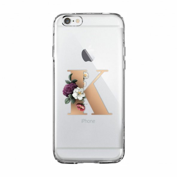 iPhone 6 Plus / 6s Plus Şeffaf Kılıf Gold Renkli Çiçekli K Harfli Desenli