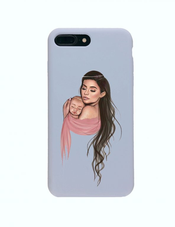 iPhone 7 Plus Premium Lansman Pastel Lila Telefon Kılıfı Anne ve Bebeği