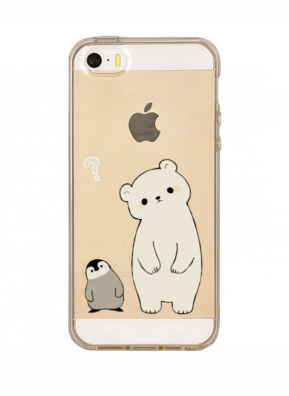 iPhone 5 Penguen ve Ayıcık Desenli Şeffaf Telefon Kılıfı