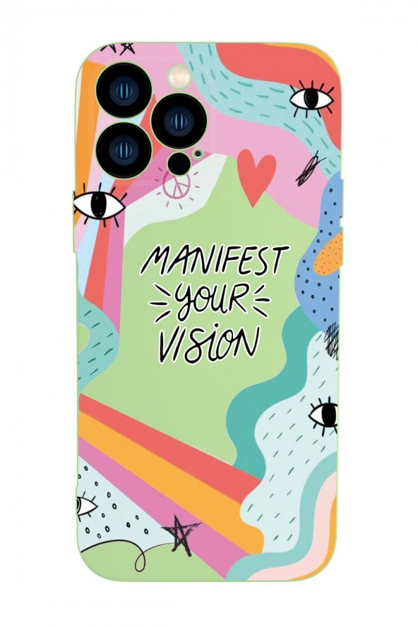 iPhone 13 Pro Uyumlu Manifest Your Vision Desenli Kamera Lens Korumalı Darbe Emici Silikonlu Lansman Kılıf