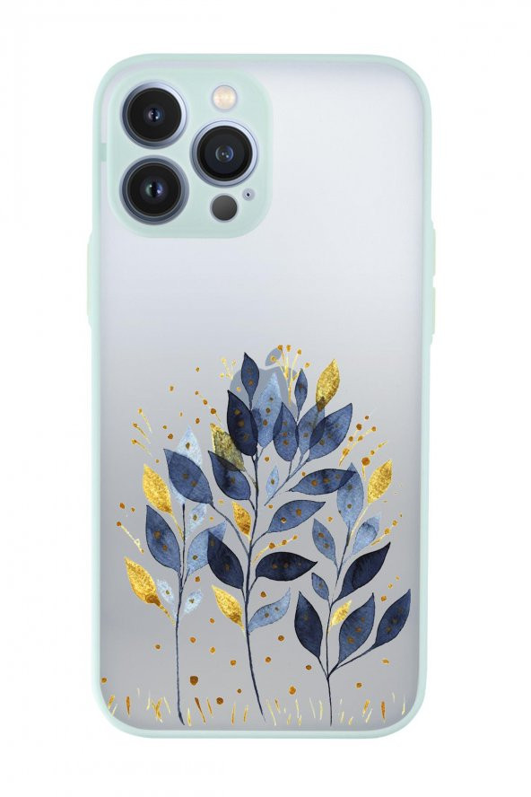 iPhone 13 Pro Max Uyumlu Mavi Yaprak Desenli Kamera Korumalı Buzlu Şeffaf Lüx Telefon Kılıfı