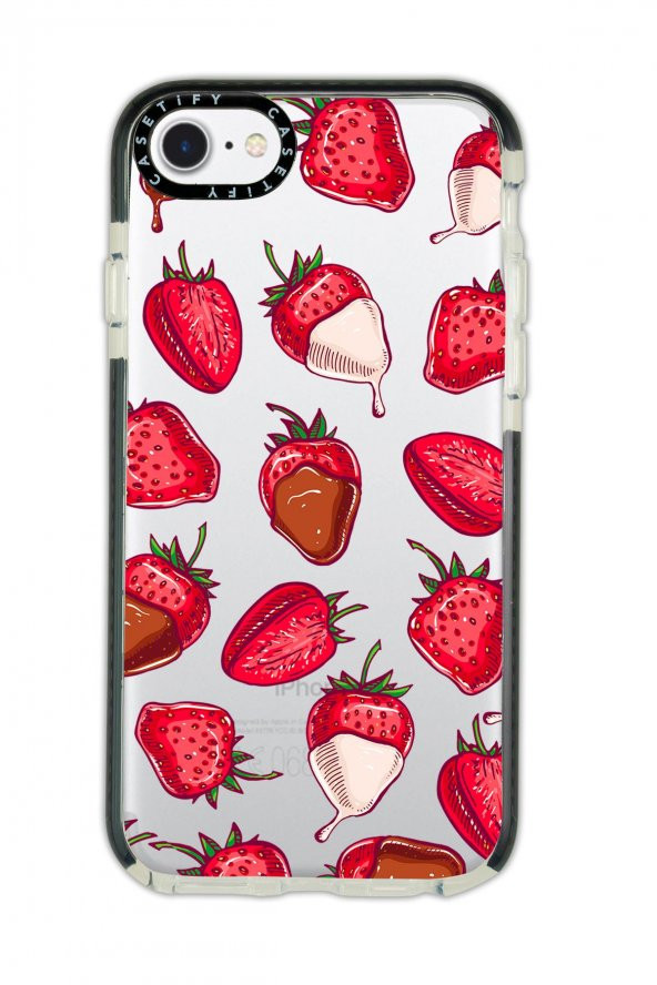 iPhone 8 Casetify Çikolatalı Çilekler Desenli Anti Shock Premium Silikonlu Siyah Kenar Detaylı Telefon Kılıfı