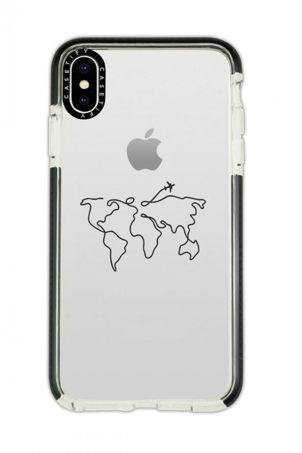 iPhone Xs Max Casetify Dünya Harita Rota Desenli Anti Shock Premium Silikonlu Siyah Kenar Detaylı Telefon Kılıfı