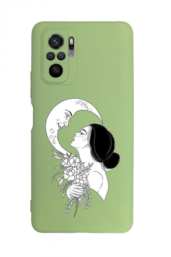 Xiaomi Redmi Note 10 Uyumlu Moon and Women Desenli Kamera Korumalı Buzlu Şeffaf Lüx Telefon Kılıfı