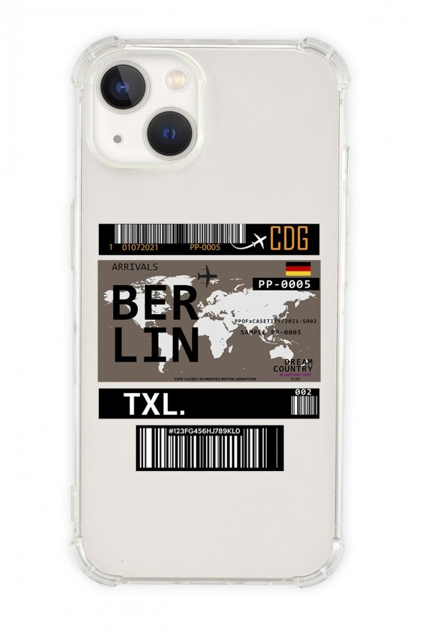 iPhone 13 Uyumlu Berlin Ticket Desenli Anti Shock Olex Köşe Darbe Korumalı Silikonlu Şeffaf Kılıf