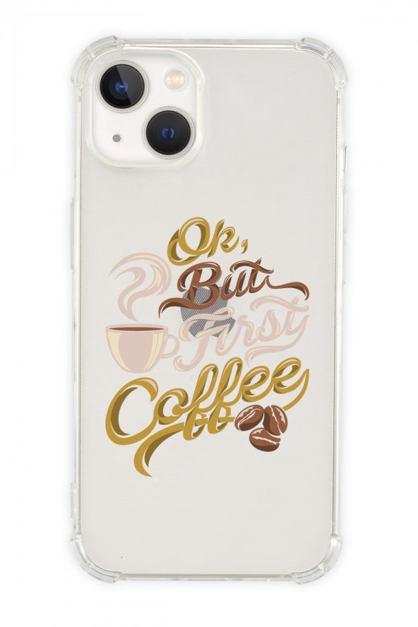 iPhone 13 Uyumlu First Coffe Desenli Anti Shock Olex Köşe Darbe Korumalı Silikonlu Şeffaf Kılıf