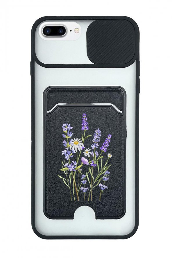 iPhone 8 Plus Uyumlu Lavender Desenli Kamera Korumalı ve Kartlıklı Telefon Kılıfı
