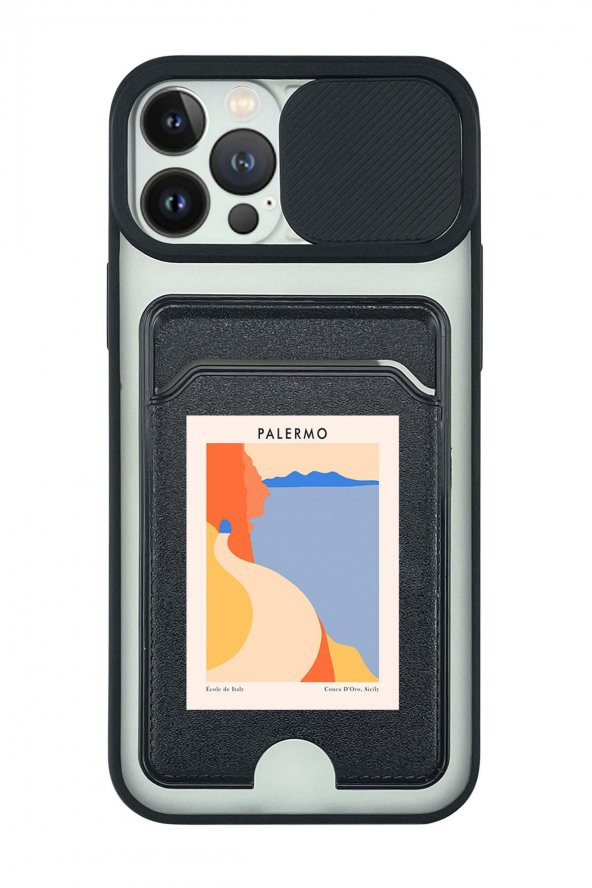 iPhone 13 Pro Max Uyumlu Palermo Desenli Kamera Korumalı ve Kartlıklı Telefon Kılıfı