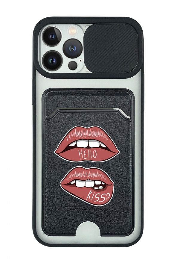 iPhone 13 Pro Max Uyumlu Hello Kiss Desenli Kamera Korumalı ve Kartlıklı Telefon Kılıfı